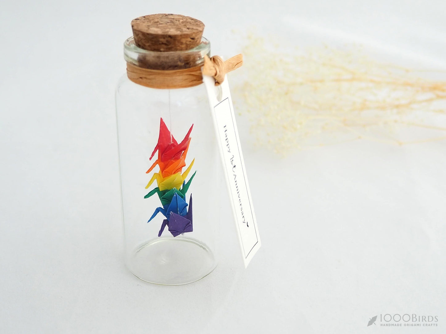 Rainbow Origami Cranes in Glass Bottle: Japanese Good Luck Charm