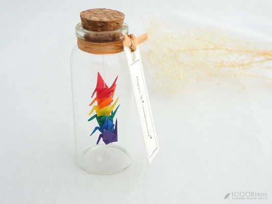 Rainbow Origami Cranes in Glass Bottle: Japanese Good Luck Charm