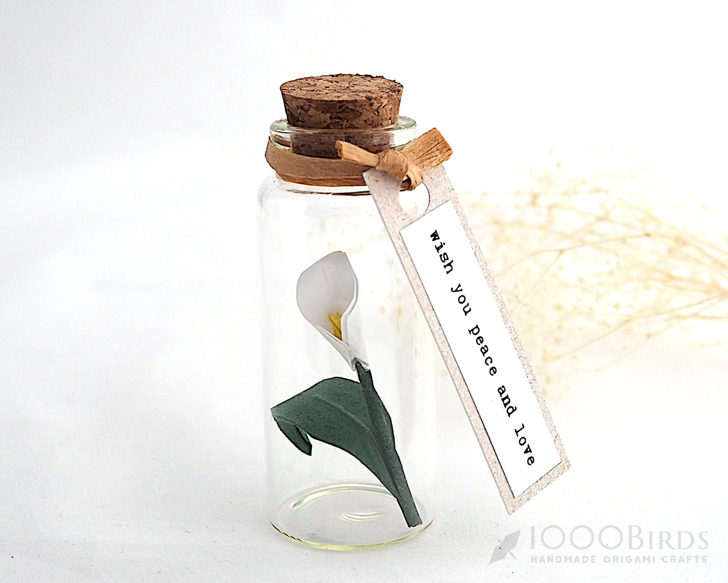 Origami Peace Lily in Mini Bottle: Personalized Sympathy Gift