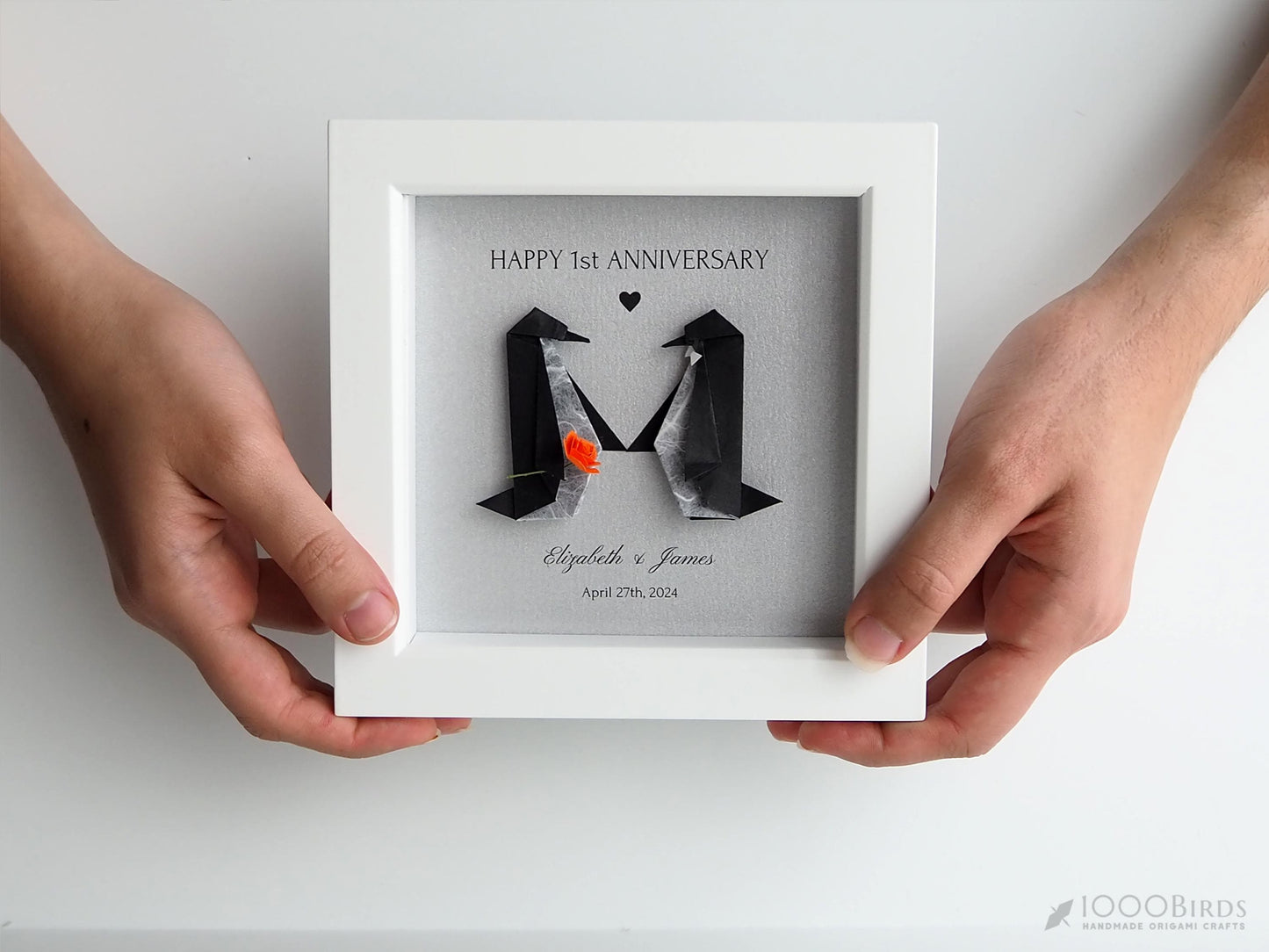 Personalized Origami Penguin Couple – Framed Art for First Wedding Anniversary / Paper Anniversary Gift