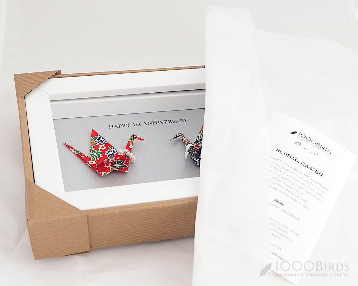 Kimono Love Birds, Personalized Washi Origami Cranes, Framed Art, 1st Anniversary Gift, Paper Anniversary Keepsake