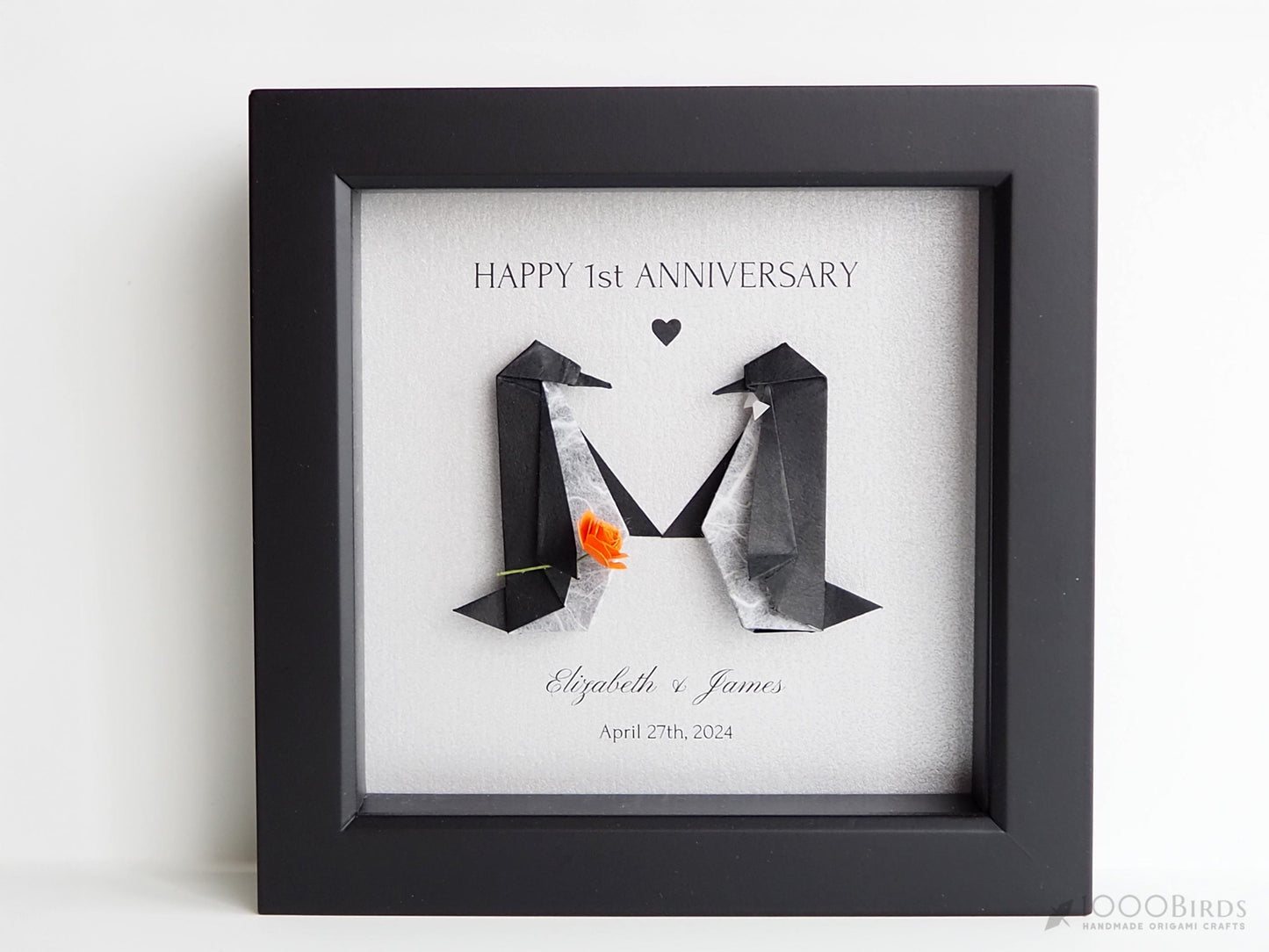 Personalized Origami Penguin Couple – Framed Art for First Wedding Anniversary / Paper Anniversary Gift