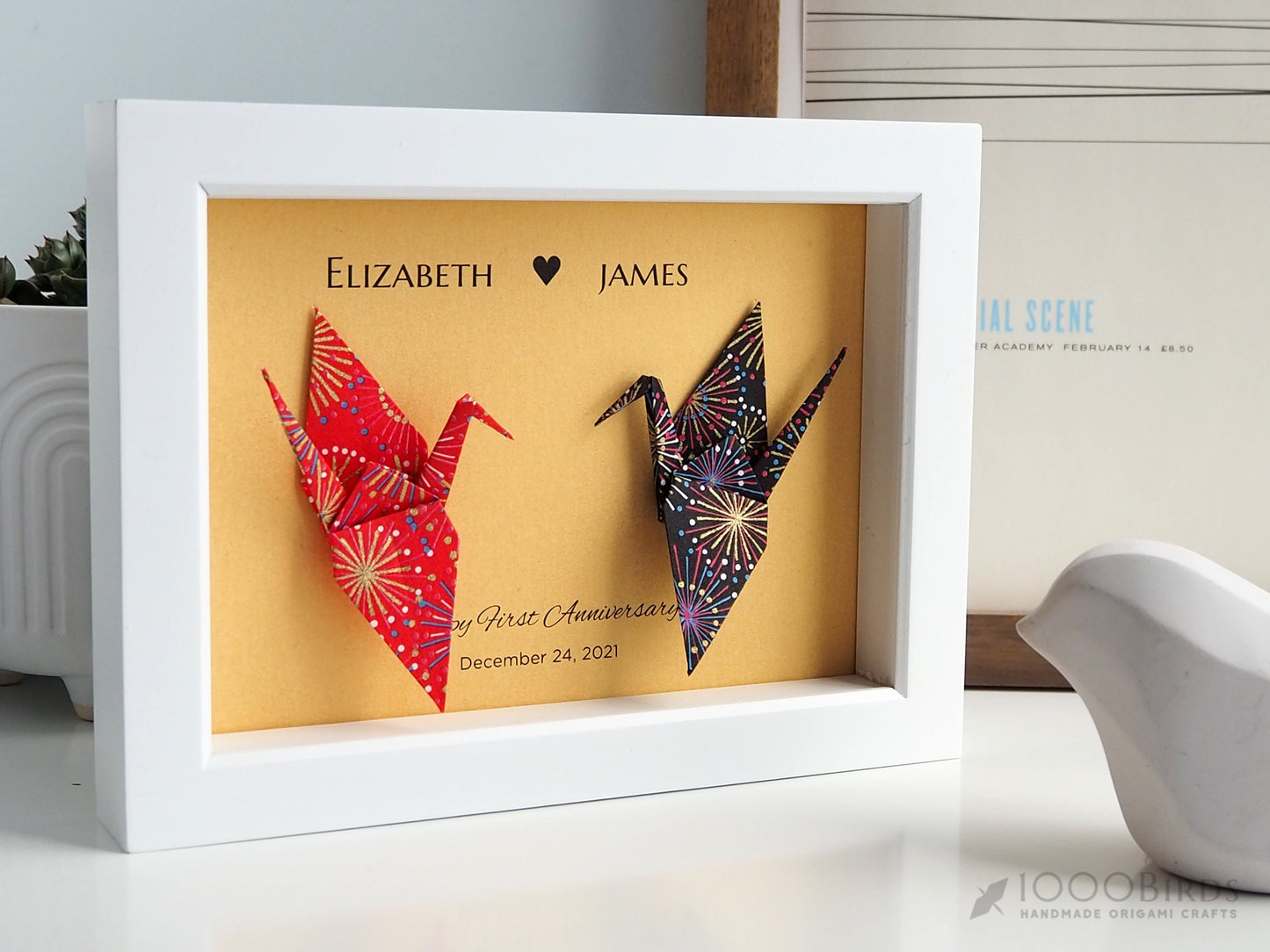 Fireworks Vermilion and Black Japanese Yuzen Washi Origami, You and Me Love Birds Personalized Art for Couple, First Anniversary Gift