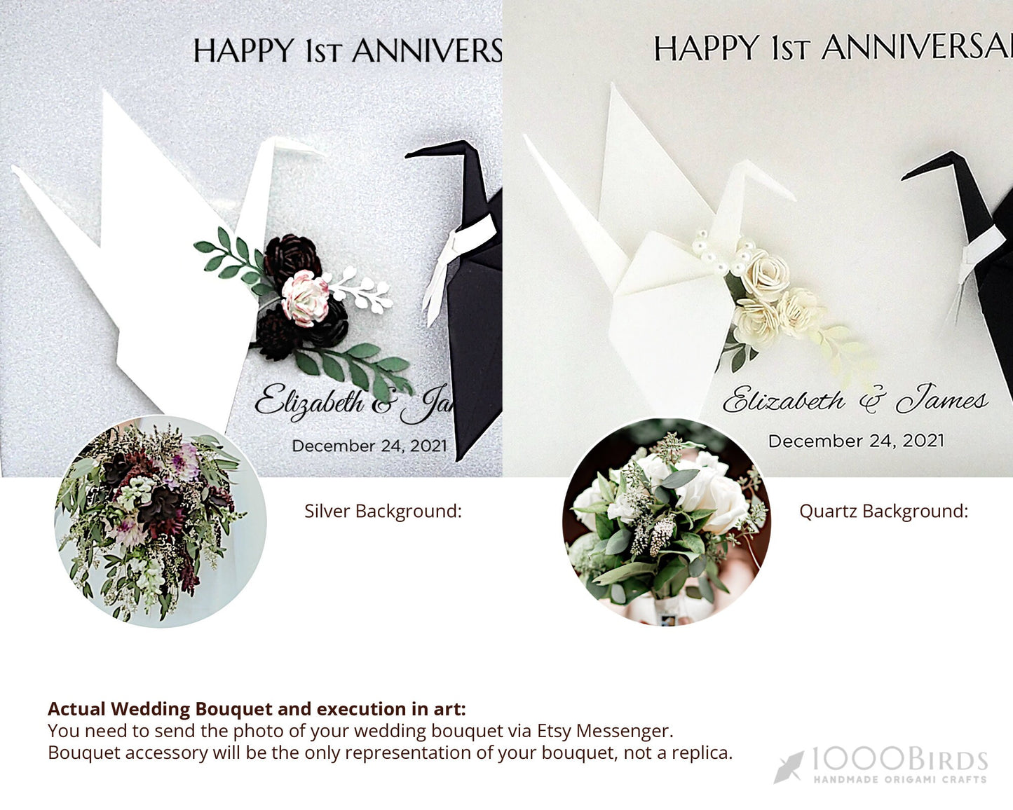 Customized Paper Flower Bouquet with Origami Crane – Framed Art for First Wedding Anniversary / Paper Anniversary Gift