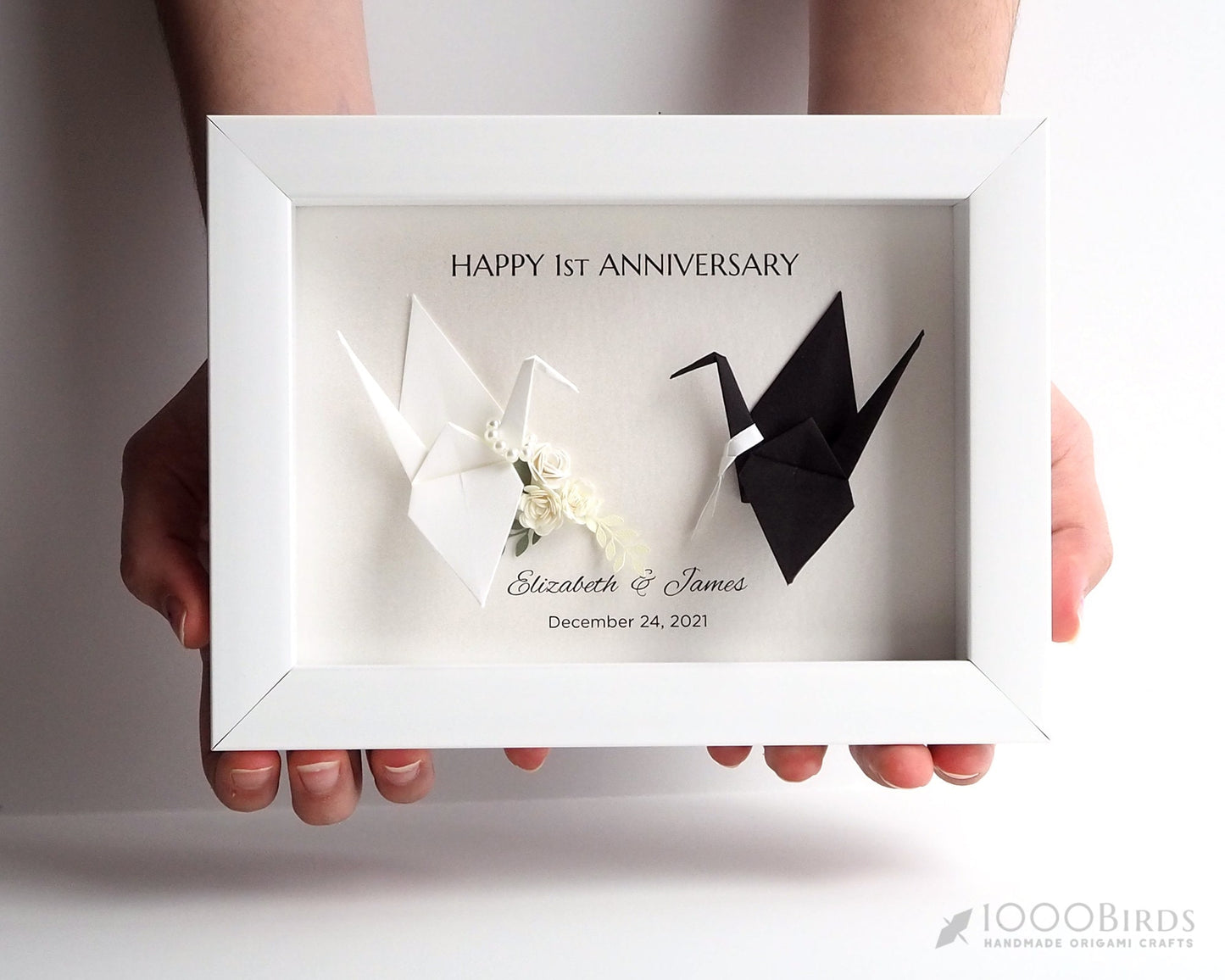 Customized Paper Flower Bouquet with Origami Crane – Framed Art for First Wedding Anniversary / Paper Anniversary Gift