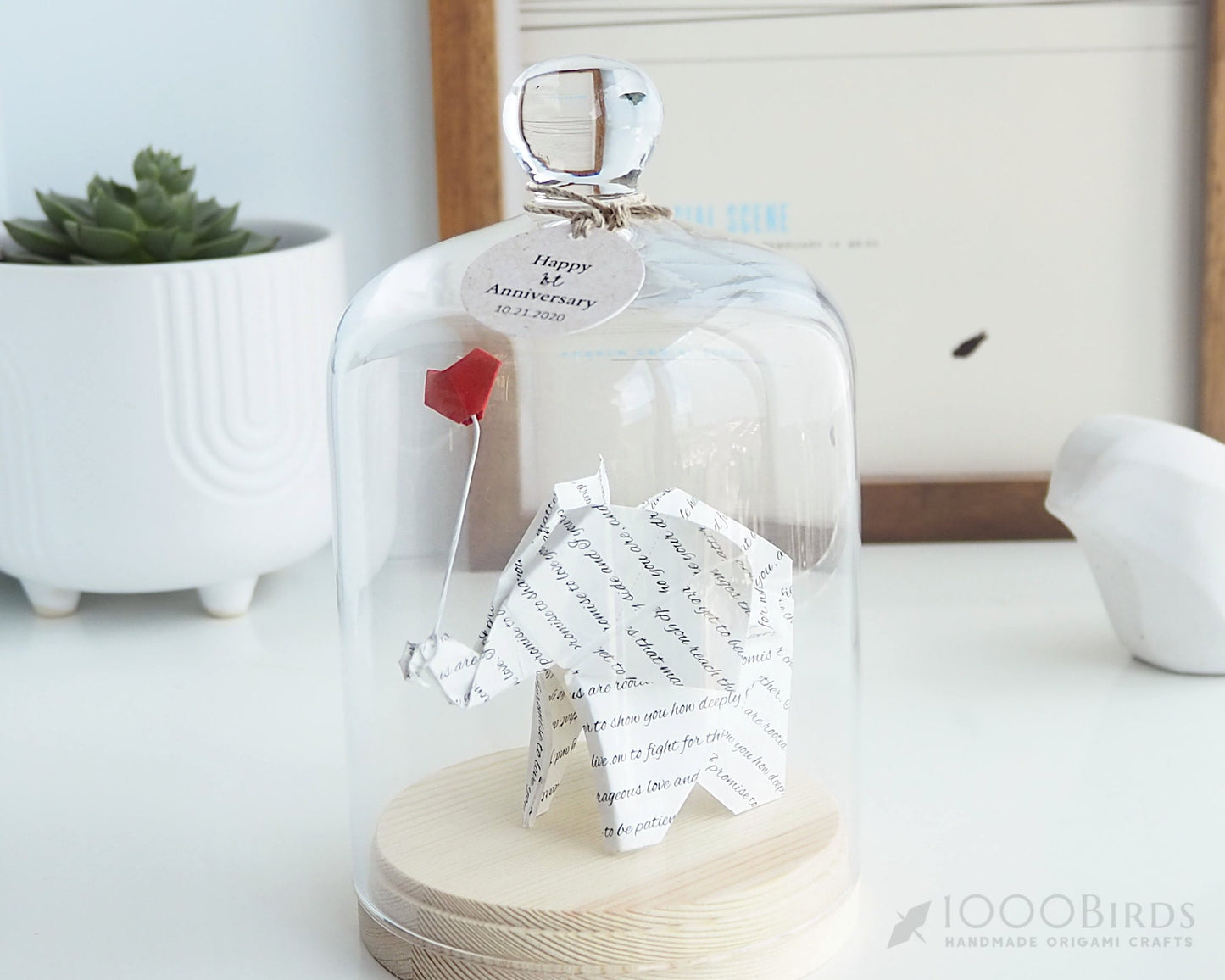 Vow Printed Origami Elephant in Glass Cloche — 1st Anniversary Gift, Paper Anniversary, Handmade Tabletop Decor