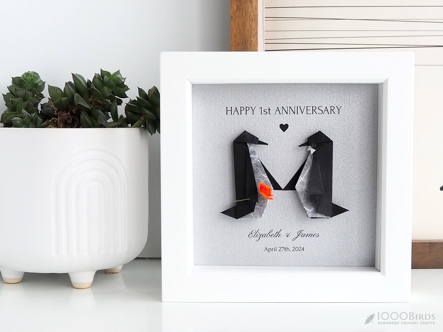 Personalized Origami Penguin Couple – Framed Art for First Wedding Anniversary / Paper Anniversary Gift