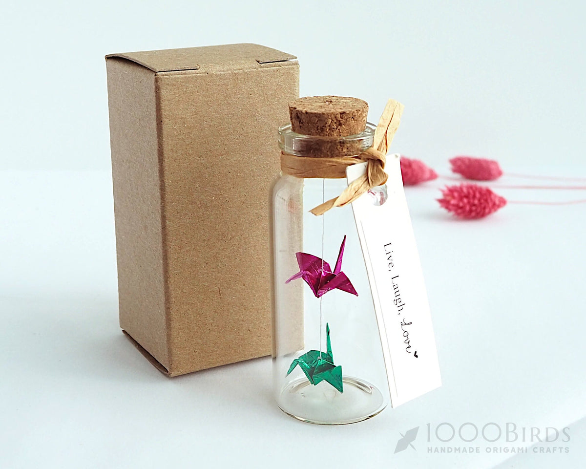 Metallic Origami Crane Gift: Personalized Message in Mini Bottle