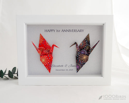 Fireworks Vermilion and Black Japanese Yuzen Washi Origami, You and Me Love Birds Personalized Art for Couple, First Anniversary Gift
