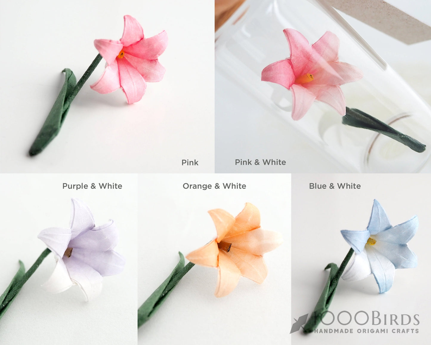 Pink Japanese Washi Origami Paper Lily in Mini Bottle with Personalized Tag for Graduation Gift, Remembrance Gifts