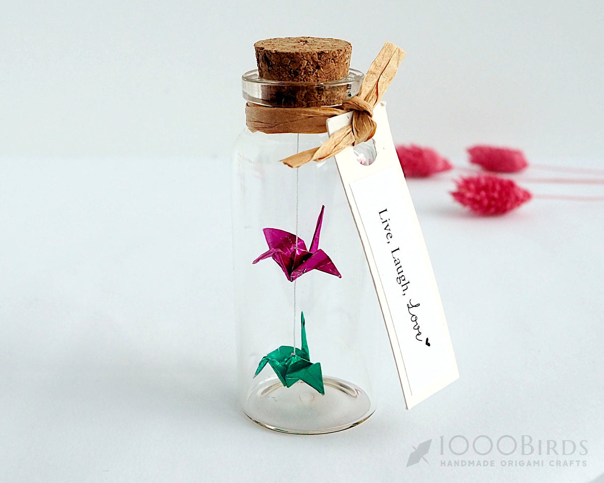 Metallic Origami Crane Gift: Personalized Message in Mini Bottle