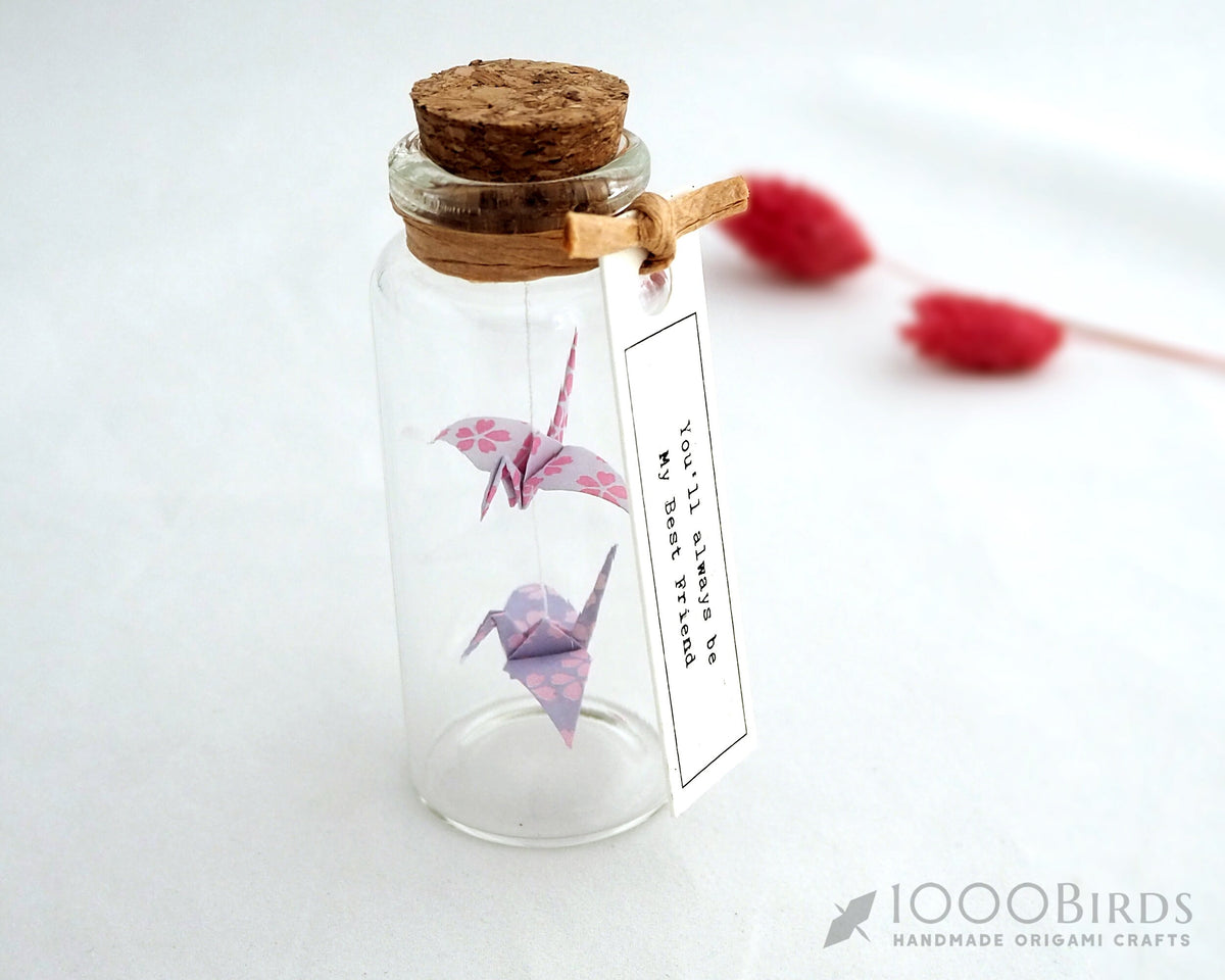 Kawaii Cherry Blossom Origami Paper Cranes in Mini Bottle: Friendship Gift