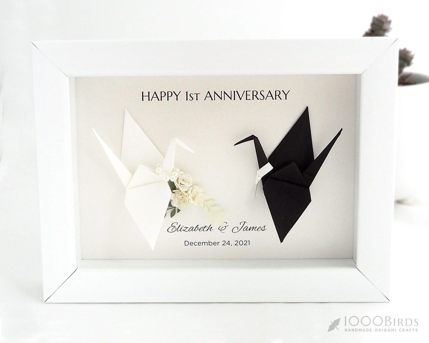 Customized Paper Flower Bouquet with Origami Crane – Framed Art for First Wedding Anniversary / Paper Anniversary Gift