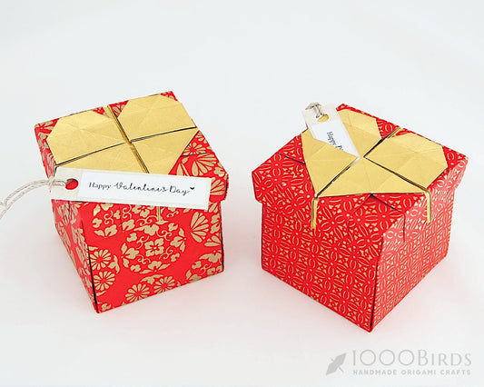 Origami Heart Gift Box: Japanese Washi Paper, Red & Gold