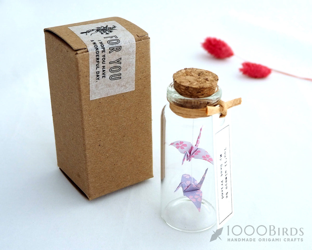 Kawaii Cherry Blossom Origami Paper Cranes in Mini Bottle: Friendship Gift