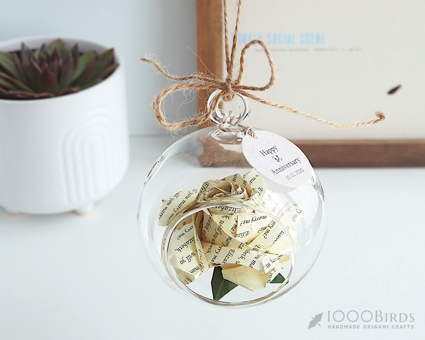 Personalized Origami Rose Ornament | First Christmas Gift | Custom Anniversary Keepsake in Glass Globe