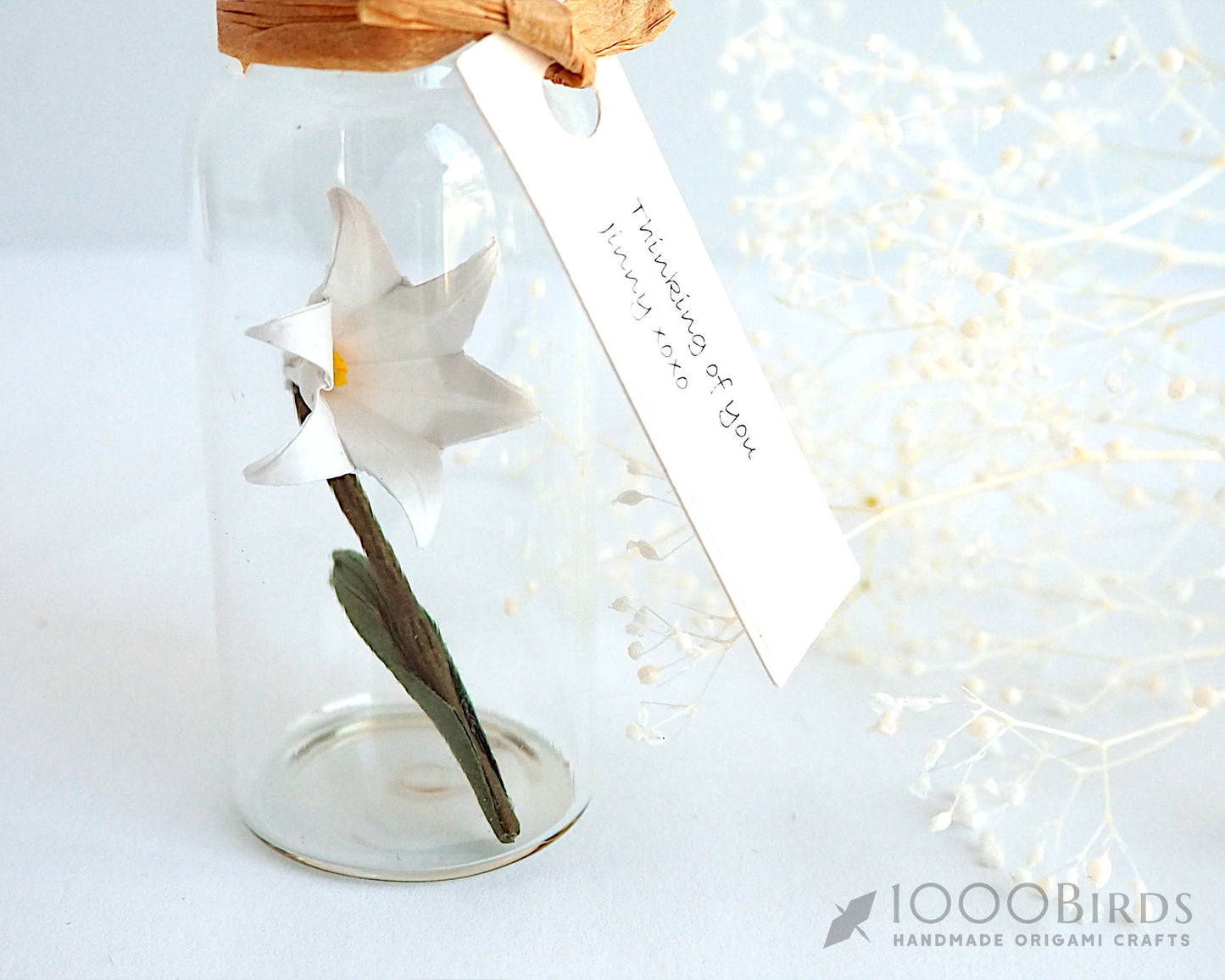 Origami White Lily in Bottle: Therapeutic Paper Flower Gift