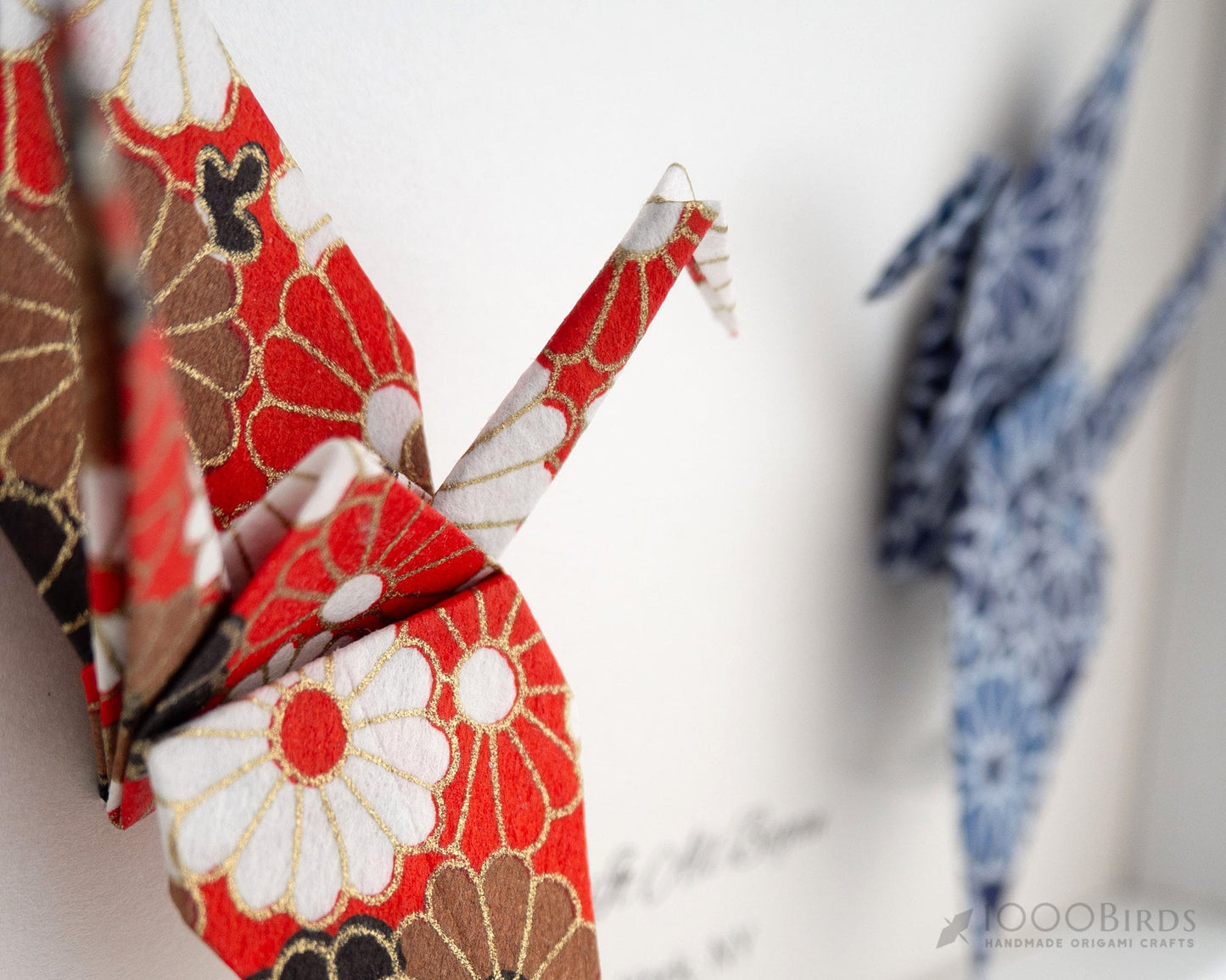 Chrysanthemum Vermilion and Navy Japanese Yuzen Washi Origami, You and Me Love Birds Personalized Art for Couple