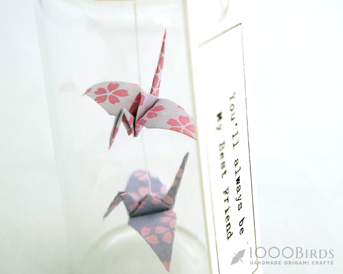 Kawaii Cherry Blossom Origami Paper Cranes in Mini Bottle: Friendship Gift