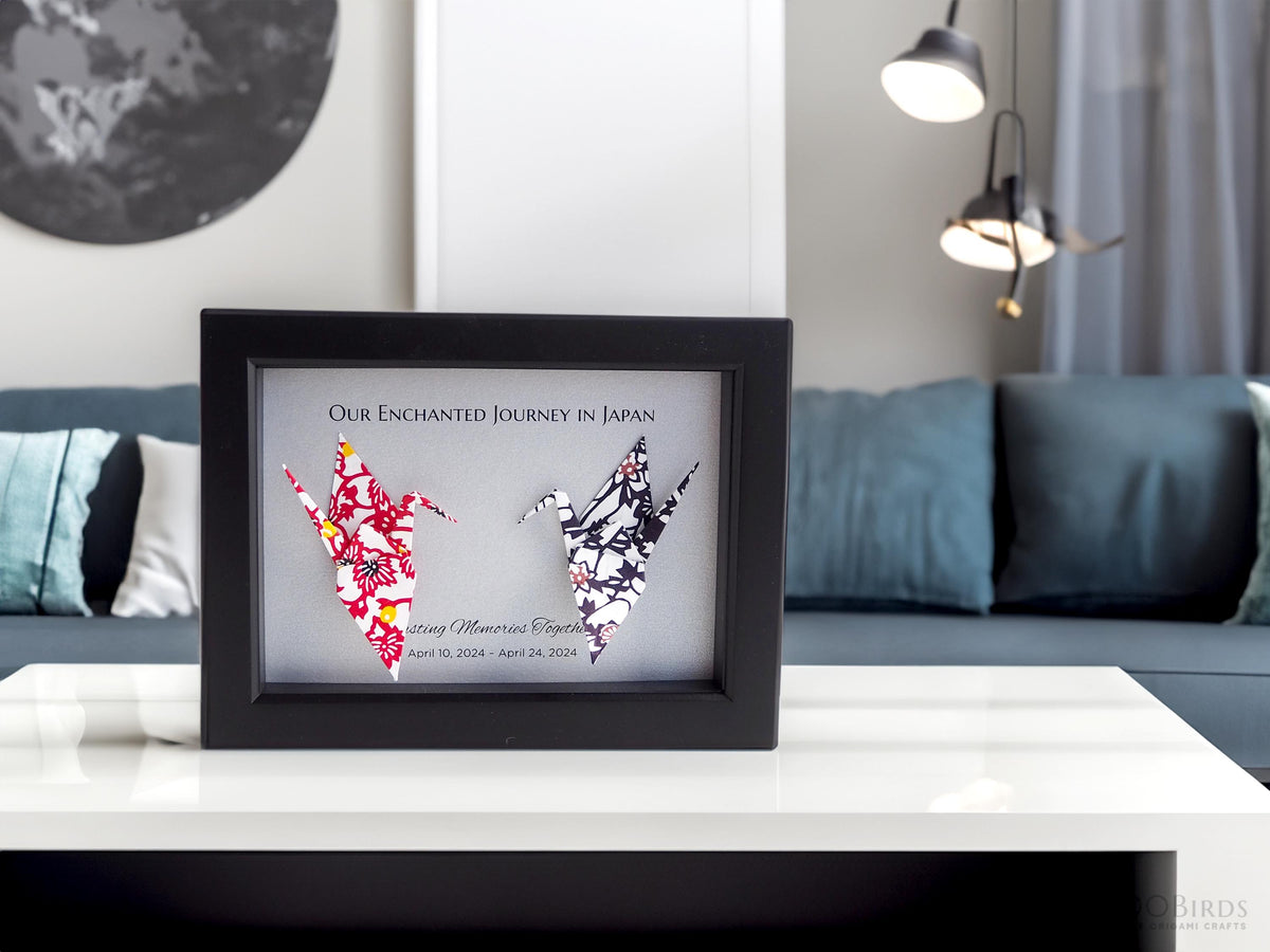Japanese Yukata Pattern Origami Crane – Memorable Japan Trip Keepsake for Couples, Framed Art