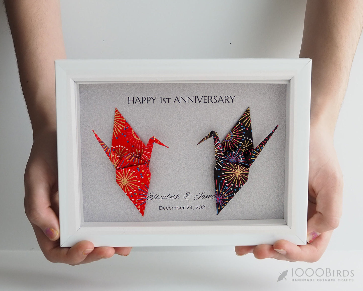Fireworks Vermilion and Black Japanese Yuzen Washi Origami, You and Me Love Birds Personalized Art for Couple, First Anniversary Gift