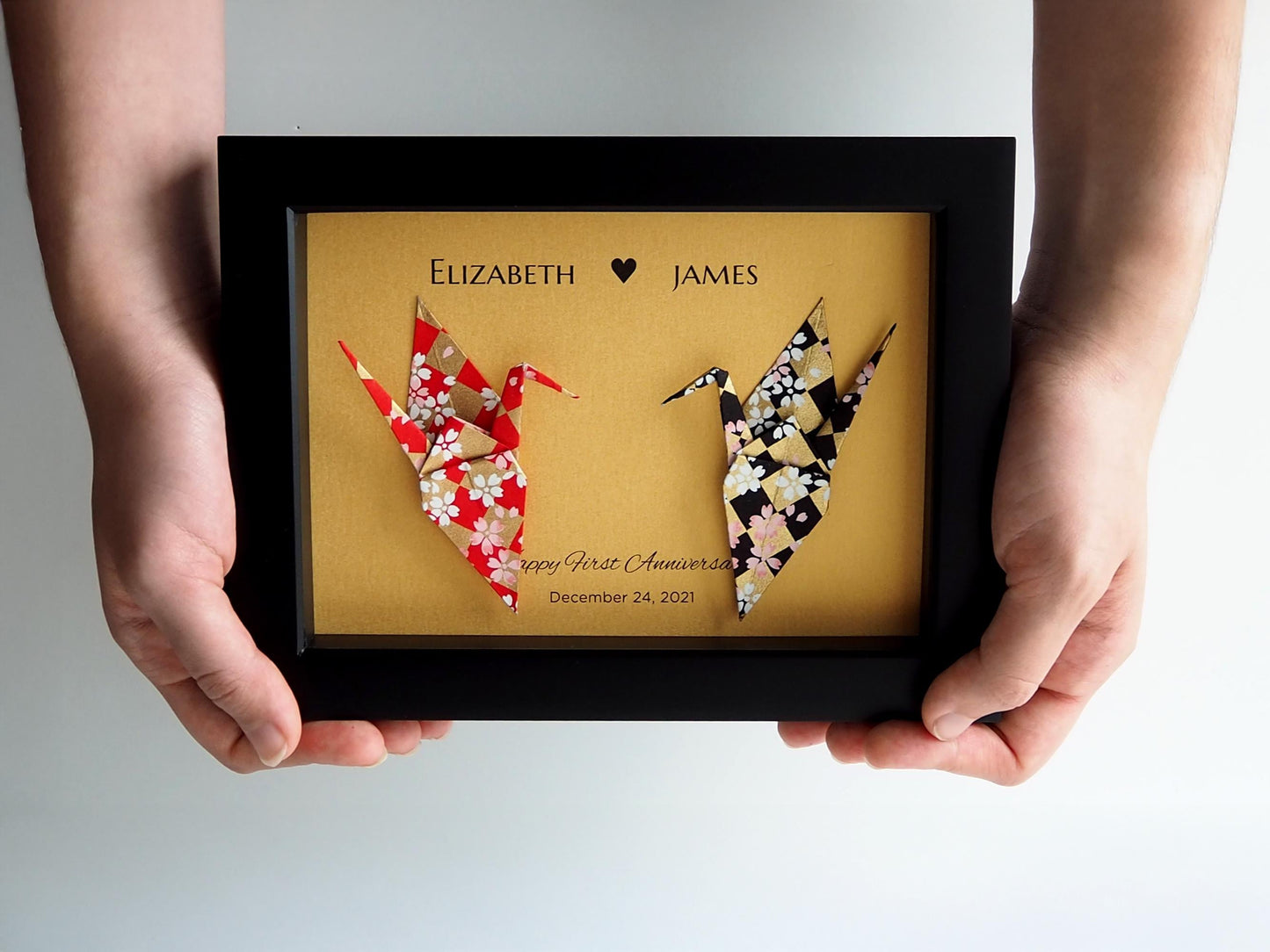 Checker Pattern with Cherry Blossoms Origami Crane Art Frame – Authentic Japanese Yuzen Washi Paper