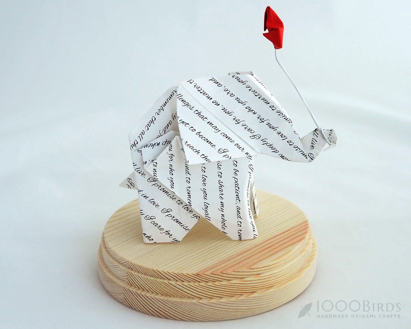 Vow Printed Origami Elephant in Glass Cloche — 1st Anniversary Gift, Paper Anniversary, Handmade Tabletop Decor