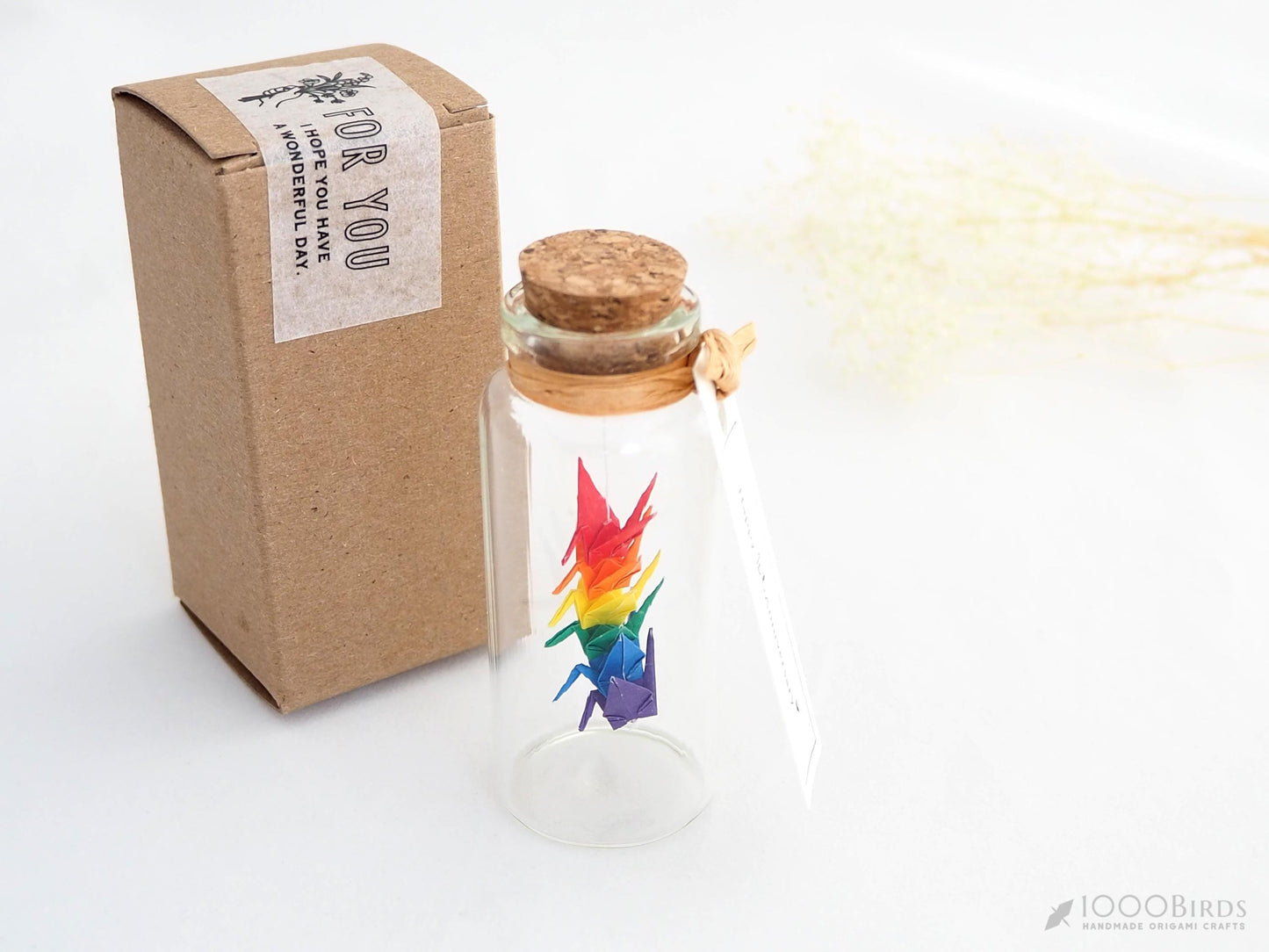 Rainbow Origami Cranes in Glass Bottle: Japanese Good Luck Charm