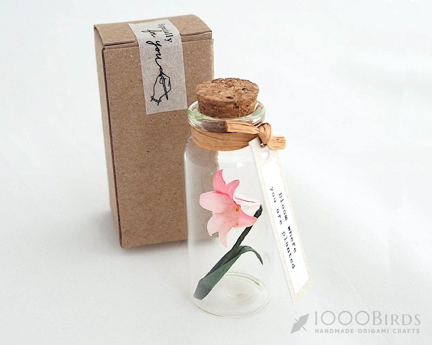 Pink Japanese Washi Origami Paper Lily in Mini Bottle with Personalized Tag for Graduation Gift, Remembrance Gifts