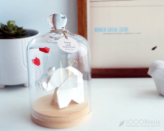 2-Year Anniversary Handmade Cotton Paper Origami Elephant in Glass Cloche – Tabletop Decor
