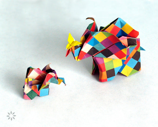 Origami Elephant Family: Handmade Paper Sculpture with Butterfly