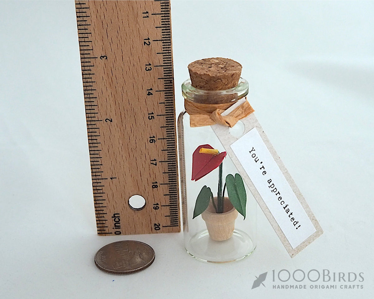 Origami Anthurium Flower: Flamingo Lily in Mini Bottle Gift