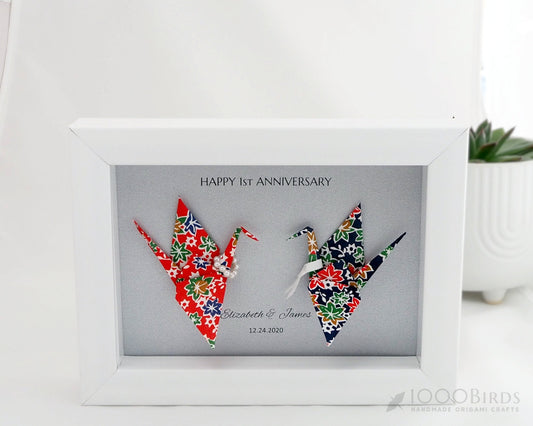 Kimono Love Birds, Personalized Washi Origami Cranes, Framed Art, 1st Anniversary Gift, Paper Anniversary Keepsake