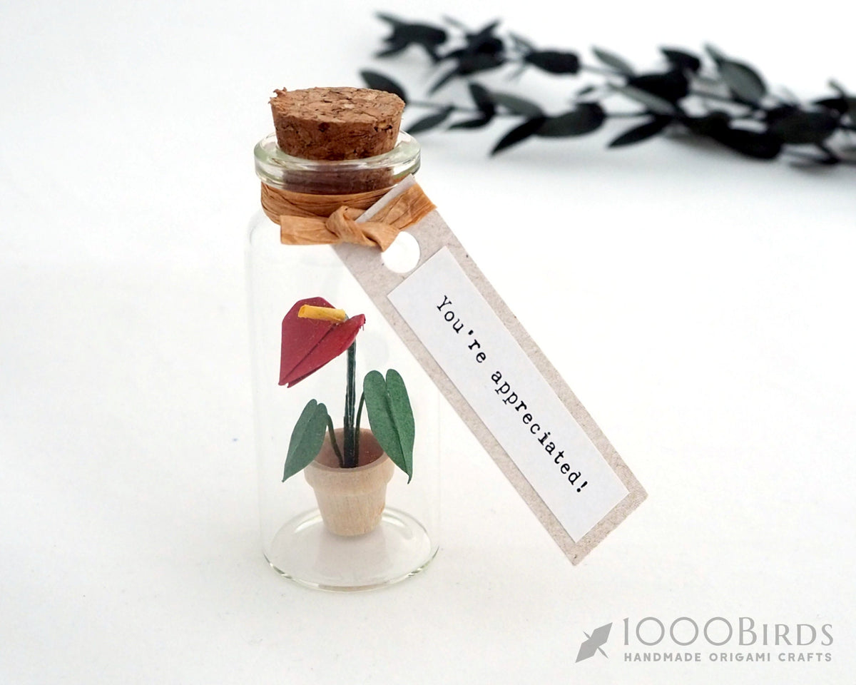 Origami Anthurium Flower: Flamingo Lily in Mini Bottle Gift
