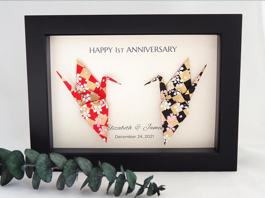 Checker Pattern with Cherry Blossoms Origami Crane Art Frame – Authentic Japanese Yuzen Washi Paper