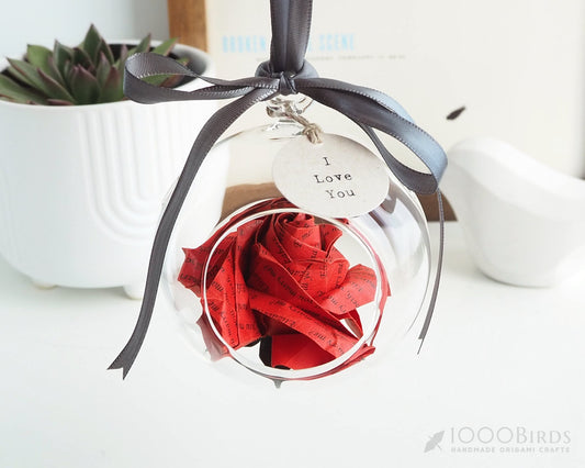 Personalized Origami Rose Ornament | First Christmas Gift | Custom Anniversary Keepsake in Glass Globe