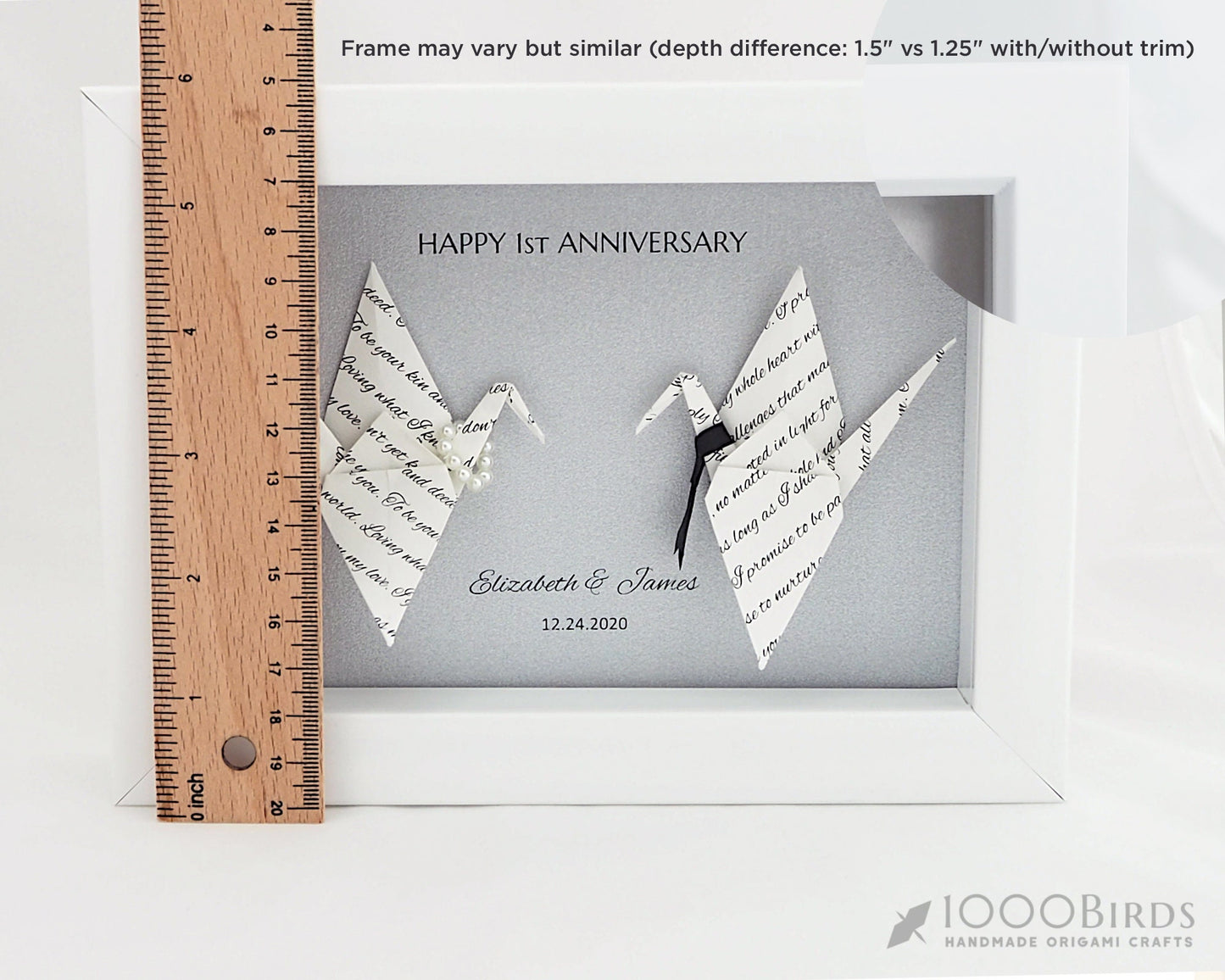 Personalized Wedding Vow Printed Origami Crane Art Frame – Perfect 1st Anniversary Gift for Him and Her