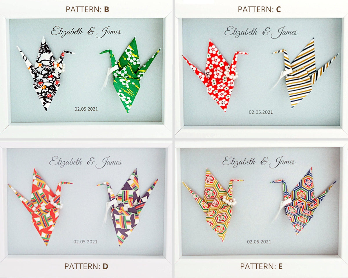 Kimono Love Birds, Personalized Washi Origami Cranes, Framed Art, 1st Anniversary Gift, Paper Anniversary Keepsake