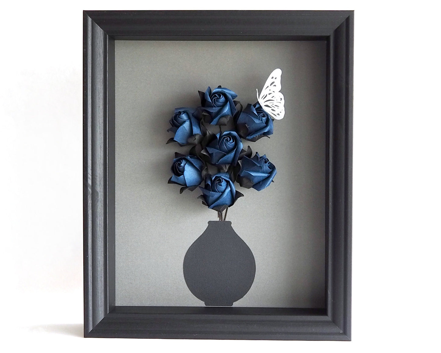 Handcrafted Navy Origami Rosebud Shadow Box - Unique Wall Art for Home Décor & Perfect Gift