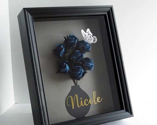 Handcrafted Navy Origami Rosebud Shadow Box - Unique Wall Art for Home Décor & Perfect Gift