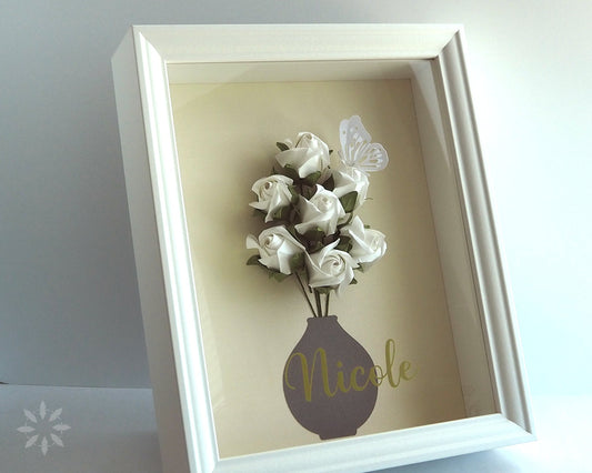 Handcrafted White Origami Rosebud Shadow Box - Unique Wall Art for Home Décor & Perfect Gift