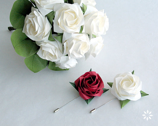 Lapel Pin with Origami Paper Rose, wedding Boutonniere, Wedding Groom Pin, Suite Tie, Floral Lapel Pin, Floral Brooches, Hat Scarf Badge