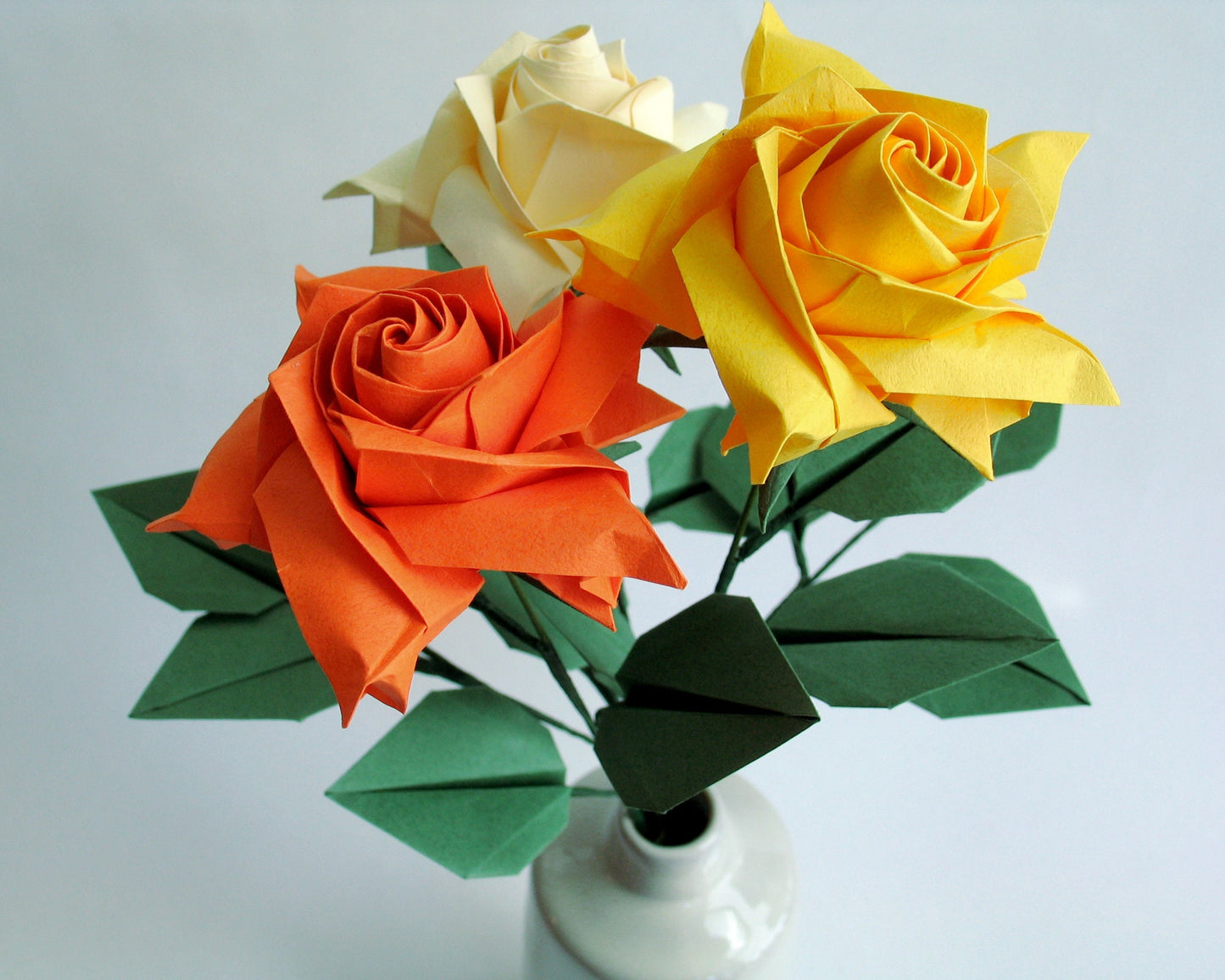 Yellow, Cream, Orange, Origami Rose Bouquet, Paper Flower, Artificial Flora, Paper Anniversary, First Anniversary, Gift for woman