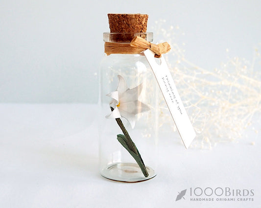 White Lily Origami Paper Flower in Mini Bottle, Elegant Therapeutic Origami Gifts: Symbolic Creations for Comfort and Hope