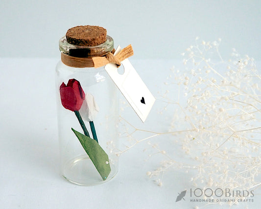 Handmade Origami Tulips in Glass Bottle - Unique Gift, Paper Trinket, Greeting Card Alternative, Trinket Shelf Decor