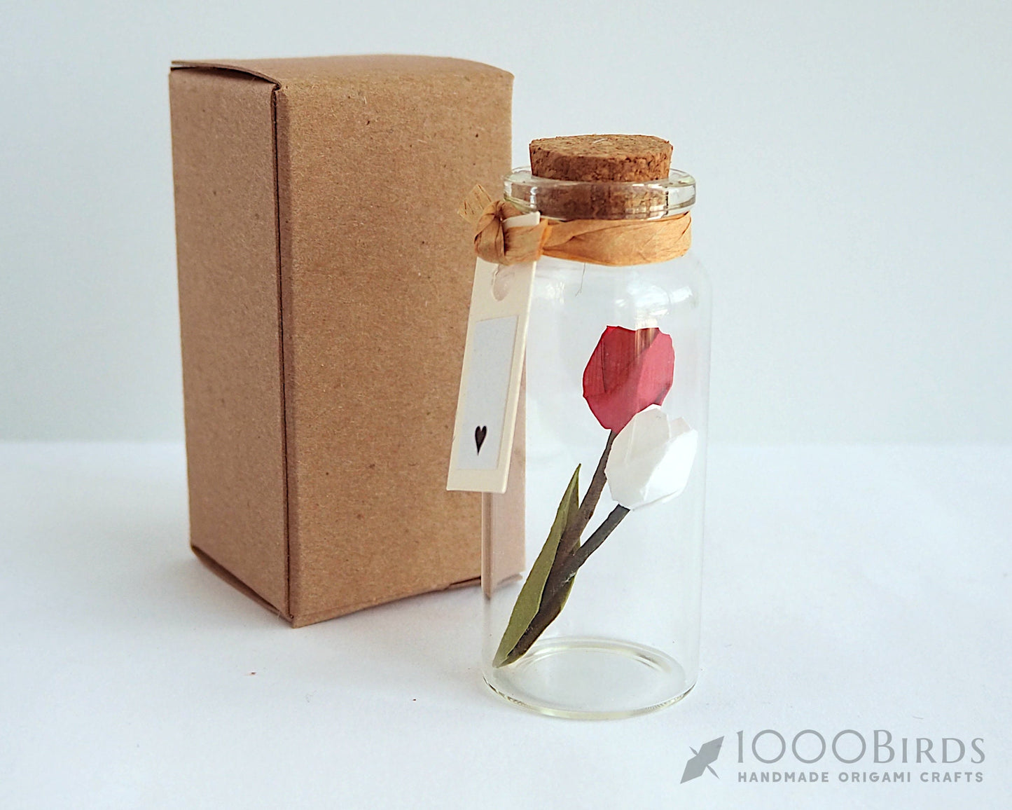Handmade Origami Tulips in Glass Bottle - Unique Gift, Paper Trinket, Greeting Card Alternative, Trinket Shelf Decor