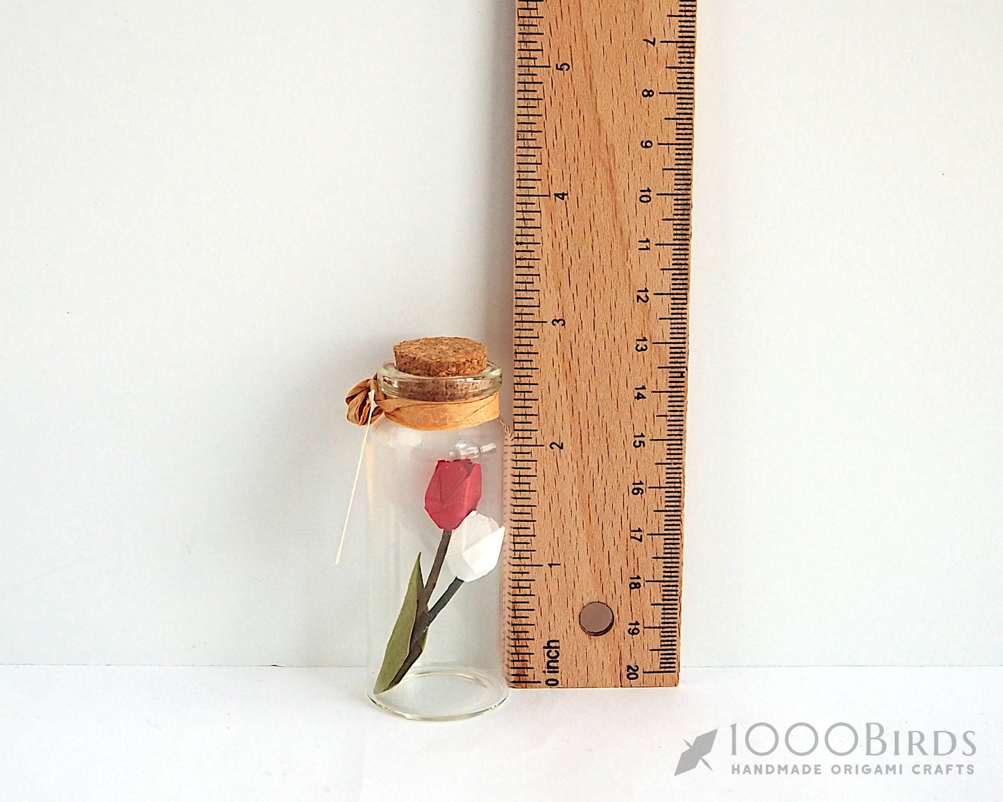 Handmade Origami Tulips in Glass Bottle - Unique Gift, Paper Trinket, Greeting Card Alternative, Trinket Shelf Decor