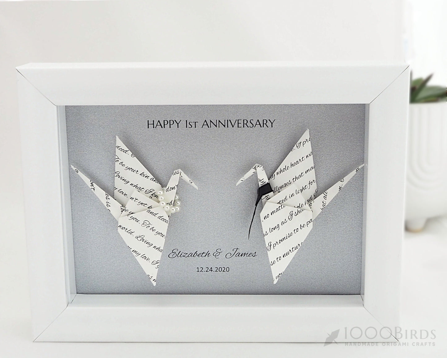 Personalized Origami Crane Art Frame with Wedding Vows, Personal Messages or Love Notes – Perfect 1st Anniversary Gift for Him and Her