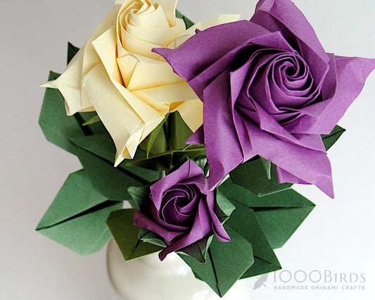Purple Origami Rose, Cream Origami Rose, Origami Rose Bouquet, Paper Flower Bouquet, Origami Decoration, Paper Anniversary, Anniversary Gift