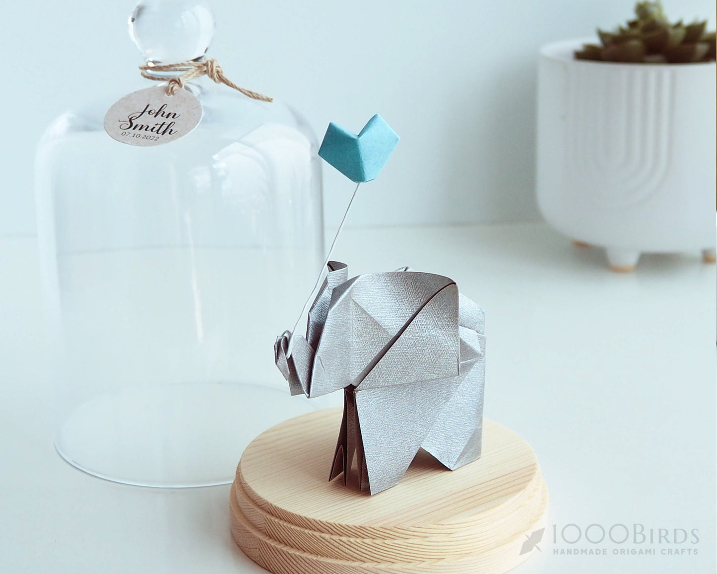 Origami Elephant with Balloon Decor in the Glass Cloche, Baby Shower Gift, Baby Gift, Gift for Mom, Gift for New Parents